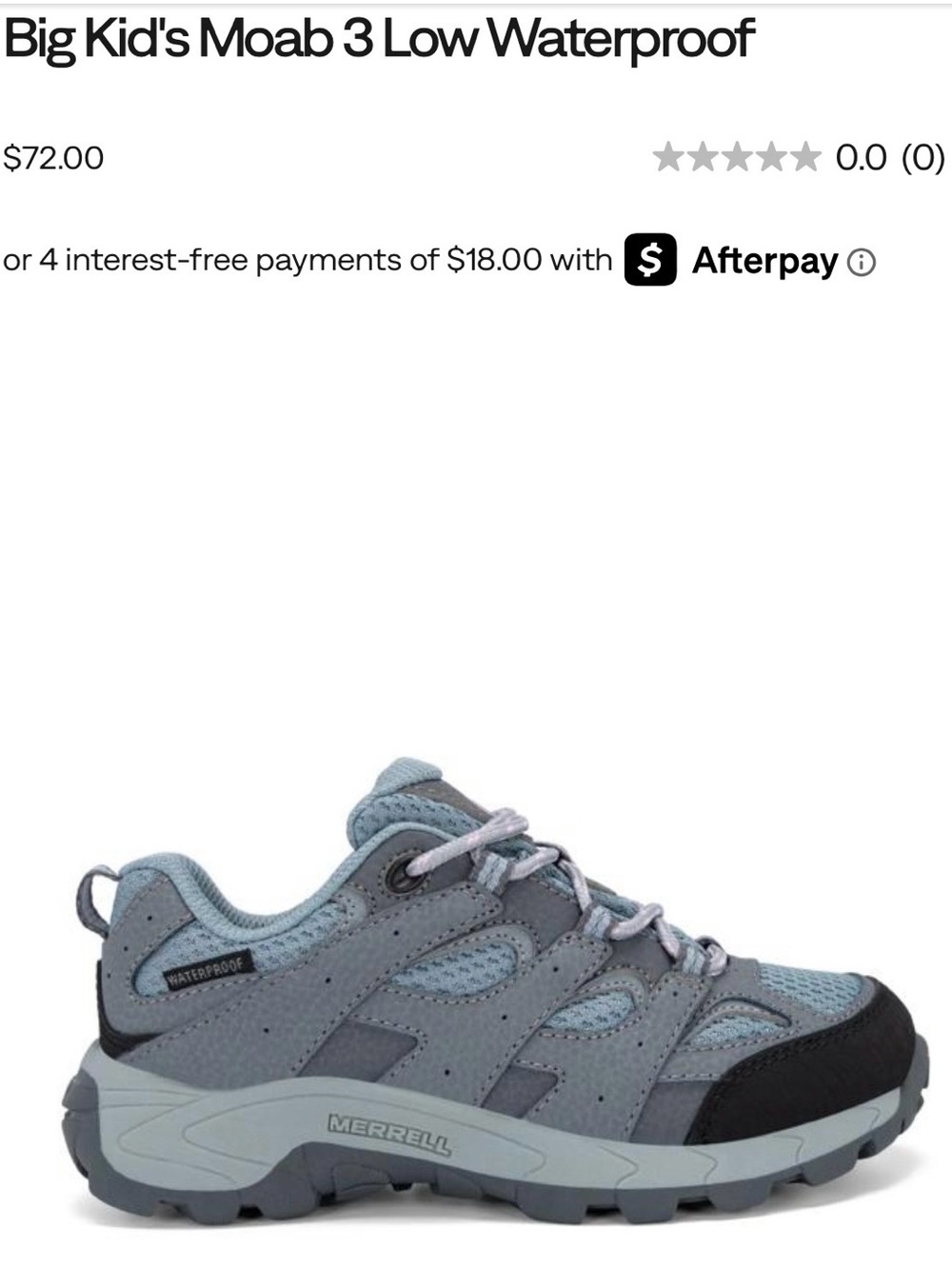 Merrell Big Kid's Moab 3 Low Waterproof Kids Shoe - Light Blue/Gray Size 1